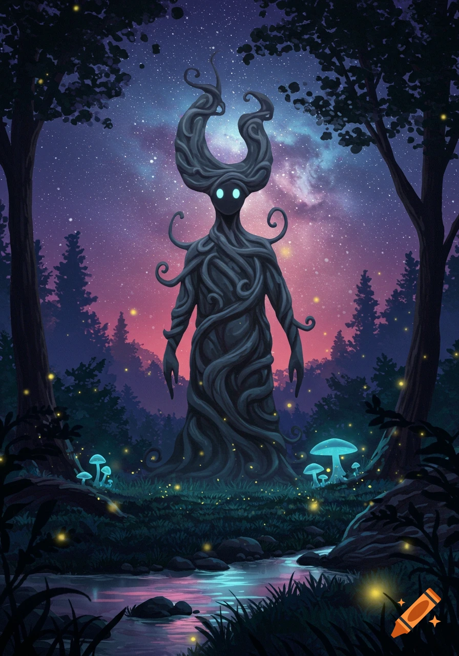 A mystical, tree-like creature with glowing eyes and antlers stands in a magical forest at night under a starry, purple-pink sky.