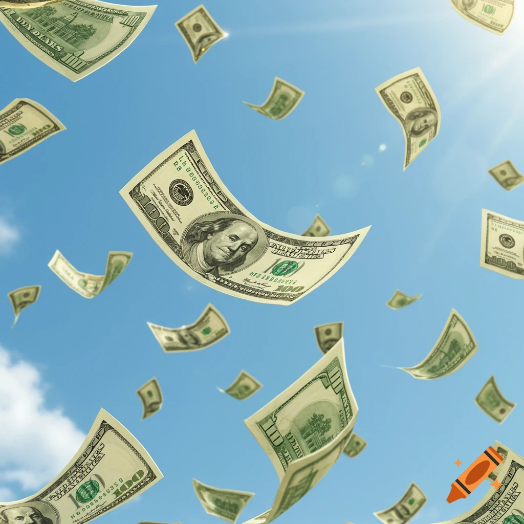 One hundred dollar bills float freely against a bright blue sky with scattered clouds and sunlight.