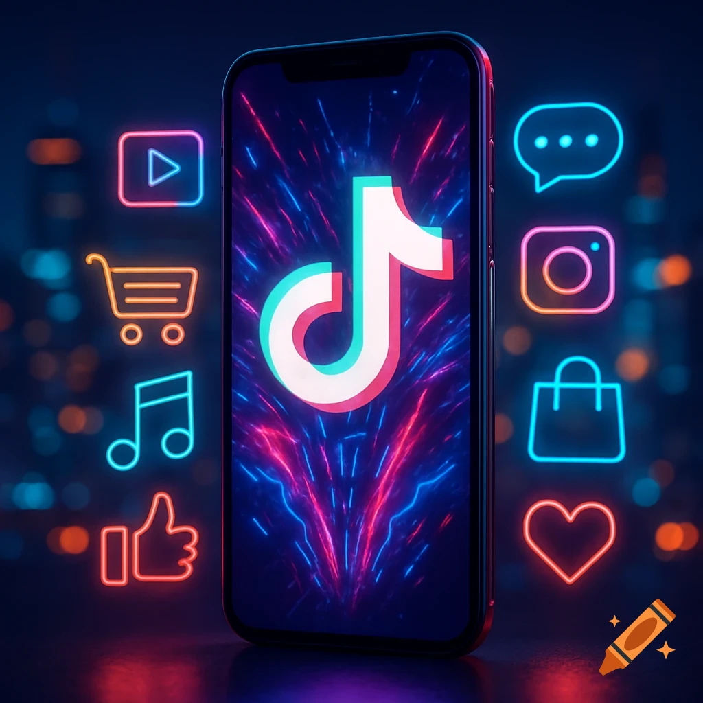 A vibrant digital image of a smartphone displaying the TikTok logo, surrounded by glowing neon social media and e-commerce icons against a blurry cityscape.