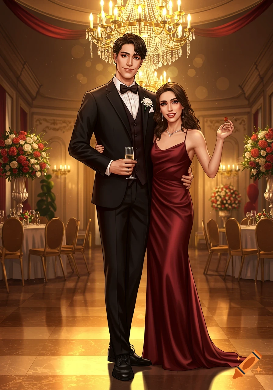 A digitally illustrated couple in formal wear, a man in a tuxedo and a woman in a red gown, smiling in an elegant ballroom.