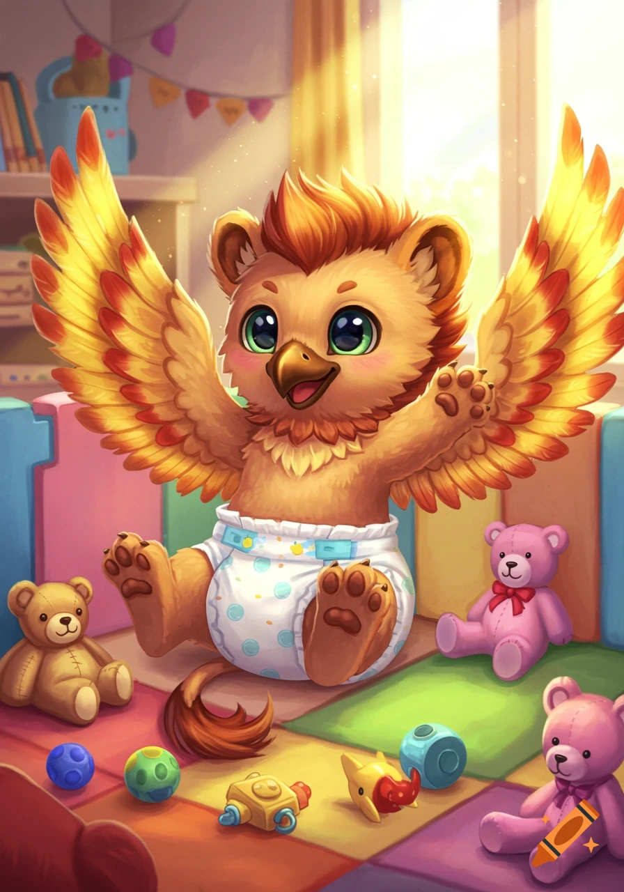 A cute, cartoon baby griffin in a diaper sitting in a colorful playpen with stuffed animals and toys.