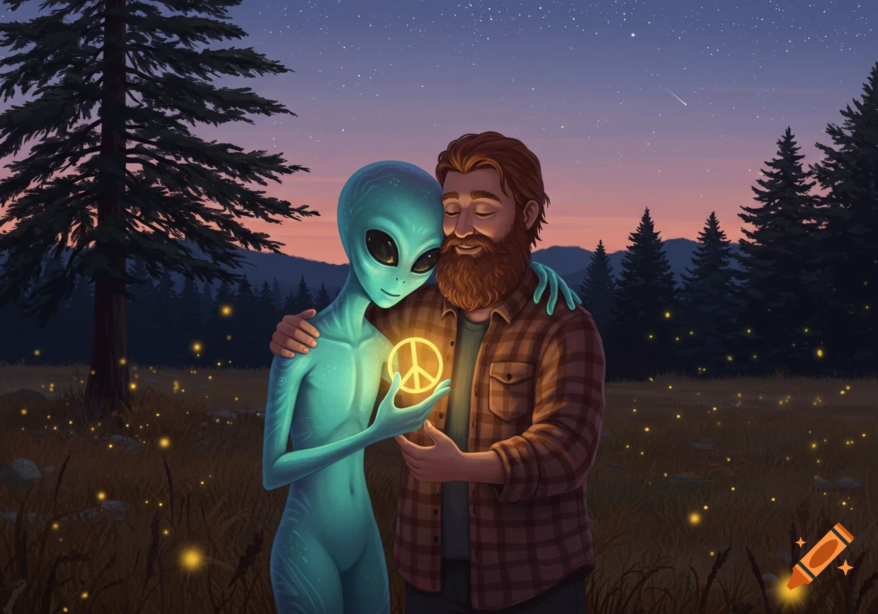 A blue alien and a bearded man hug in a field under a starry night, the alien holding a glowing peace symbol.