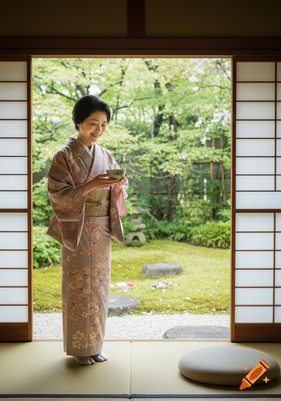 A smiling Japanese woman in a floral kimono holds a tea bowl while standing in a traditional room overlooking a serene garden.
