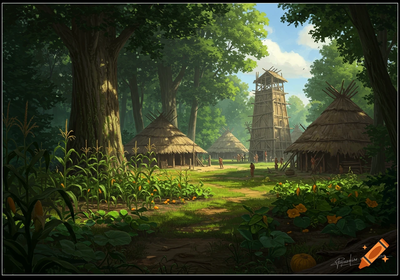 Digital painting of an Iroquois village with thatched longhouses, a wooden tower, people, and cornfields in a lush forest under a blue sky.