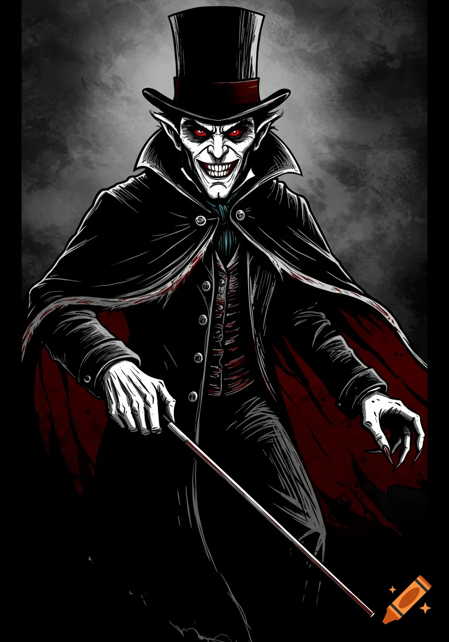 A stylized black, white, and red illustration of a menacing, pale-faced man in a top hat and cape, holding a cane.