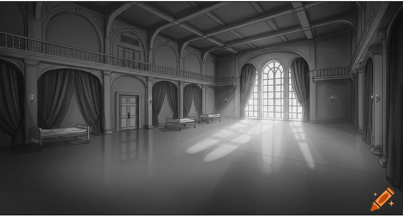 Black-and-white storyboard sketch of a grand room with high ceilings, arched windows, and hospital beds, bathed in sunlight.