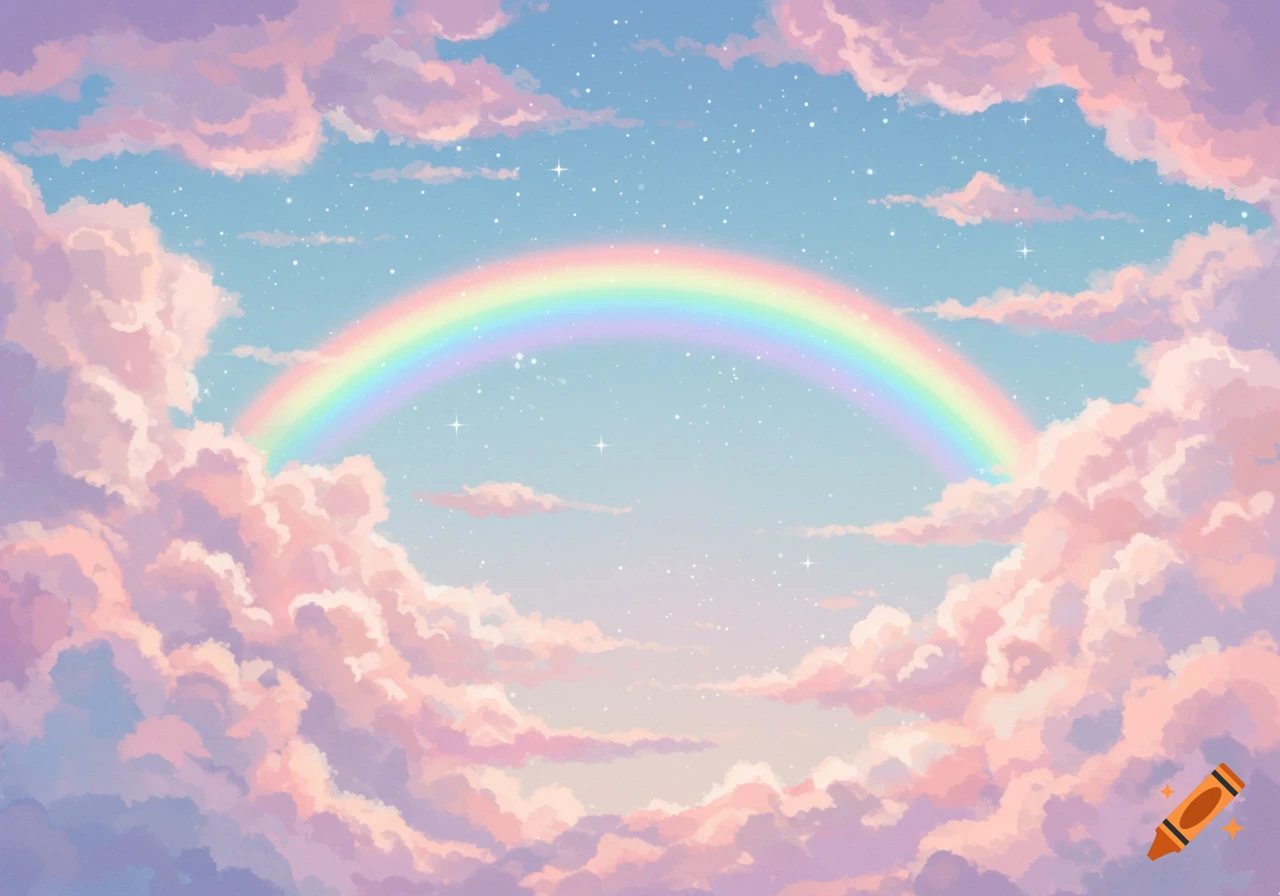 A vibrant pastel rainbow arches across a light blue sky filled with fluffy pink clouds and sparkling stars, in an illustrative style.