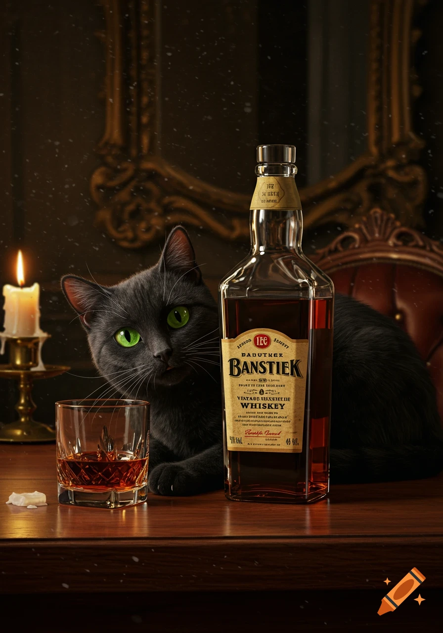 A photorealistic image of a gray cat with luminous green eyes peering over a wooden table, next to a bottle of whiskey and a glass with amber liquid. A lit candle glows in the background.