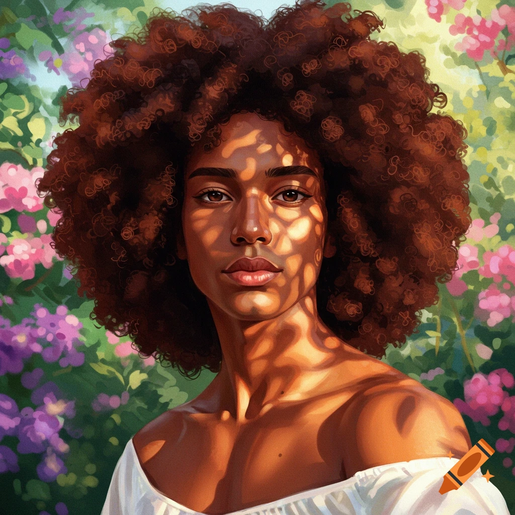 Digital painting of a mixed-race woman with curly Afro hair, looking forward in dappled sunlight against a floral background.
