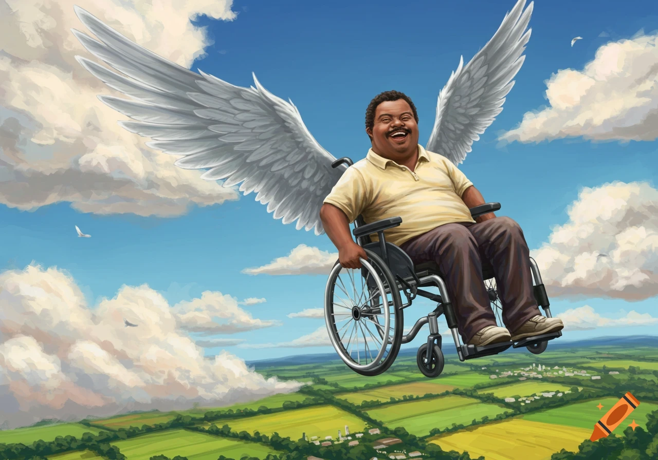 A joyous Black man with a mustache, sitting in a wheelchair with large white wings, flies high above a green countryside.