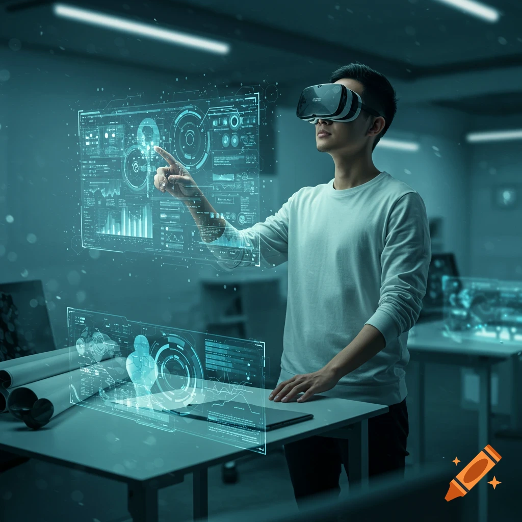 A person wearing a VR headset interacts with multiple holographic user interfaces showing data and graphs in a futuristic setting.