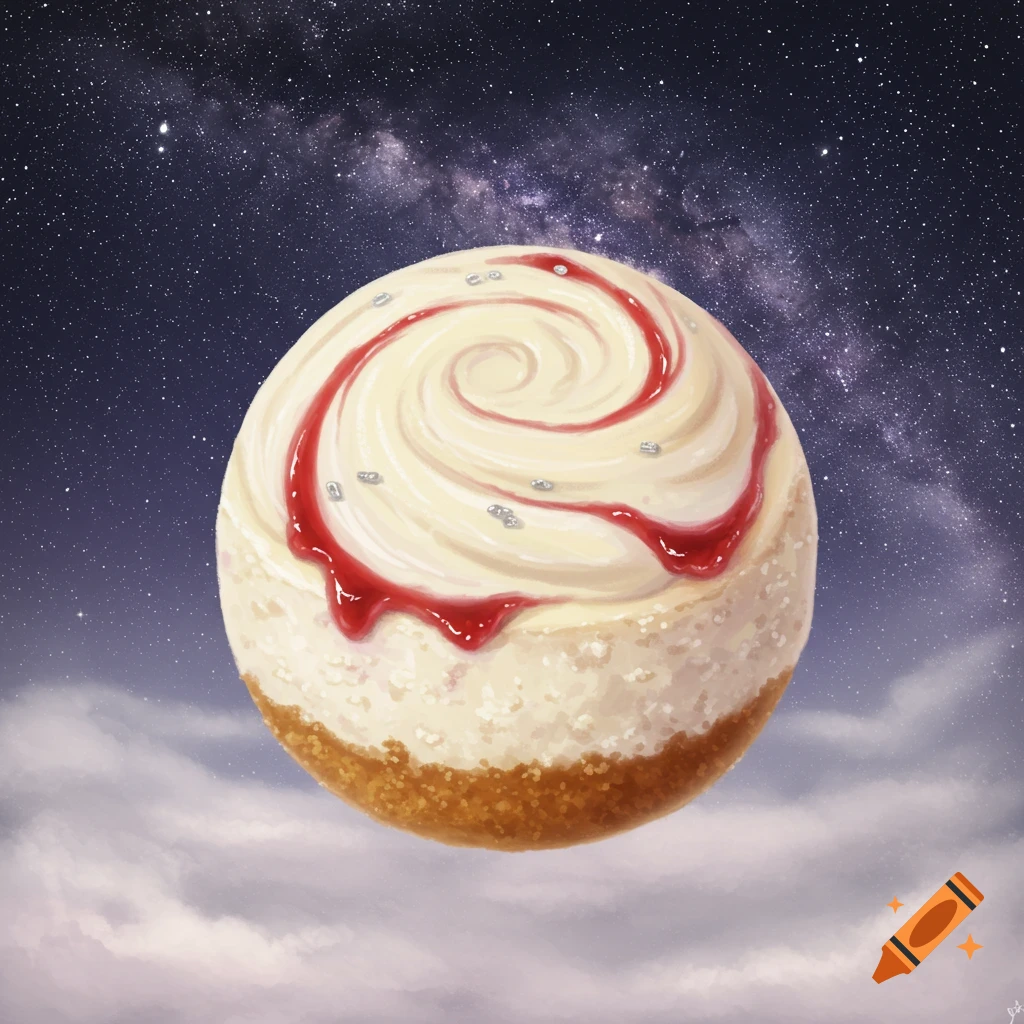 A cheesecake shaped like a moon with a white cream swirl, red raspberry drizzle, and silver sprinkles, floating above clouds in a starry galaxy night sky.