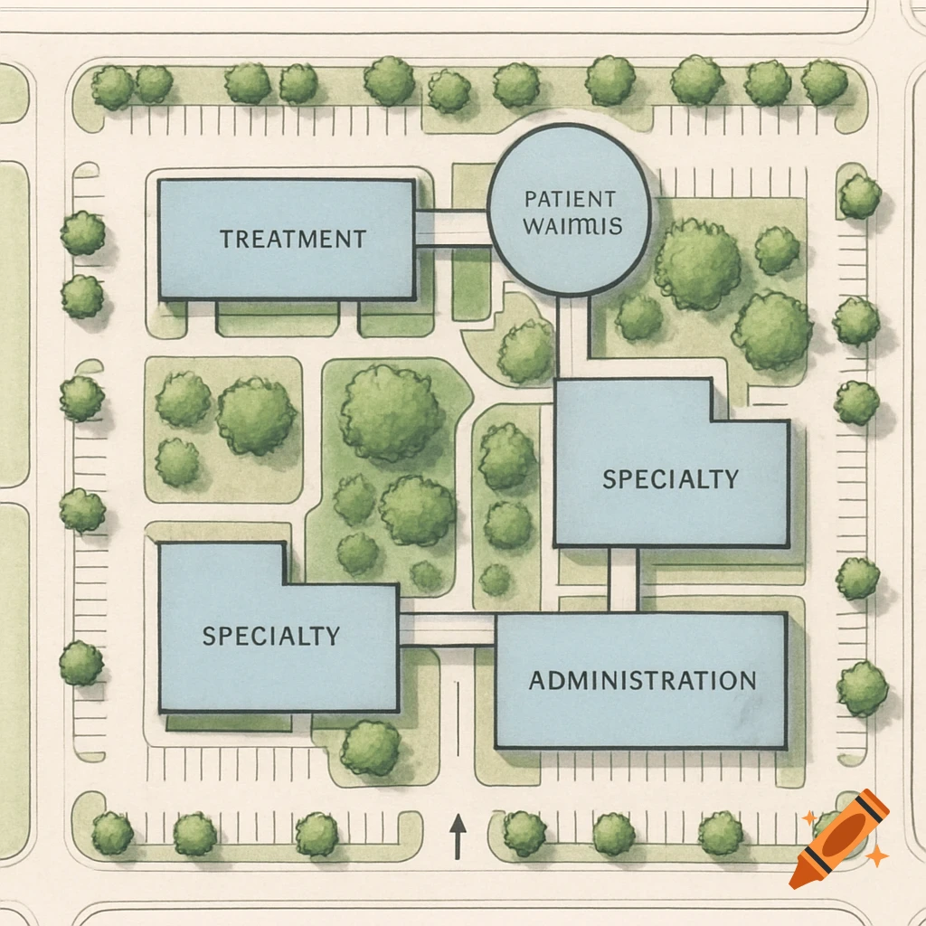 Top-down map of medical facility layout: Treatment, Patient Waimus, Specialty, Administration buildings, parking, and trees.