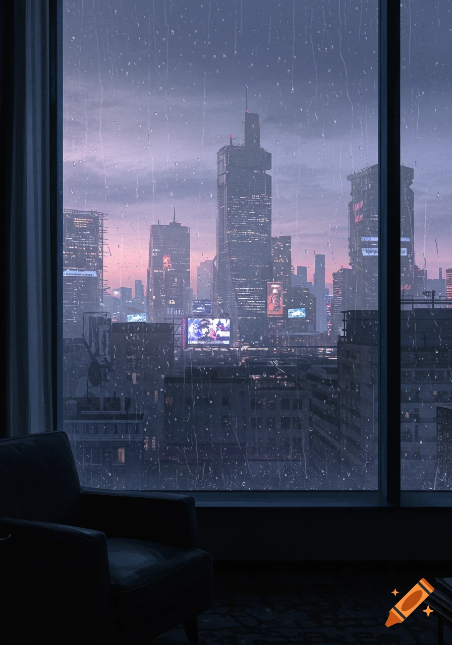 A rainy view of a futuristic, dystopian city skyline at dawn from a dark hotel room window, with an armchair in the foreground.