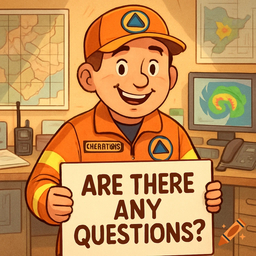 A friendly cartoon emergency management operations officer in an orange uniform holds a sign that says, "ARE THERE ANY QUESTIONS?"