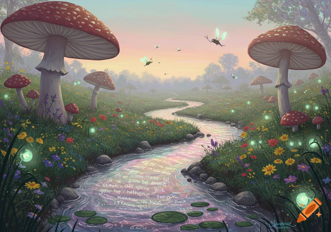 A whimsical fantasy landscape with oversized red-capped mushrooms, a winding stream with iridescent, glowing "nonsense" text, and luminous fireflies at sunset.