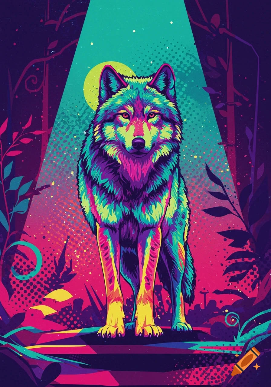 A vibrant, psychedelic pop art illustration of a wolf standing in a stylized dark forest under a bright moon.