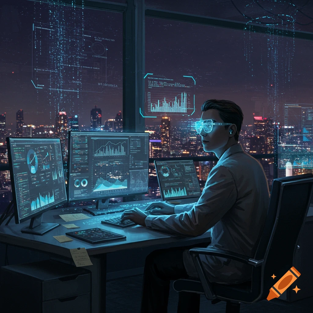 A man in futuristic glasses works at a desk with multiple glowing computer screens and holographic displays, overlooking a city at night.