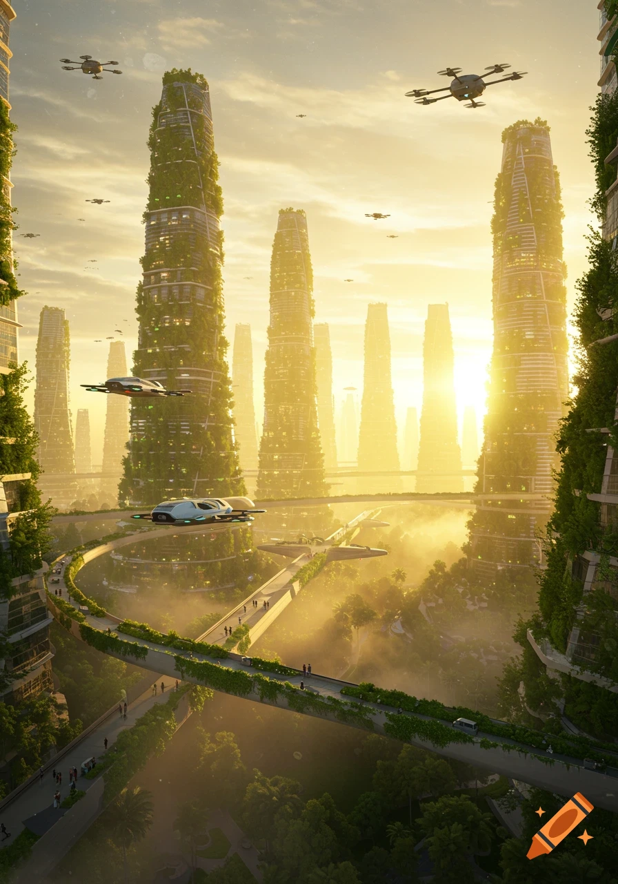 A futuristic cityscape at sunrise with tall, green-covered buildings, flying vehicles, and elevated walkways over lush landscapes.