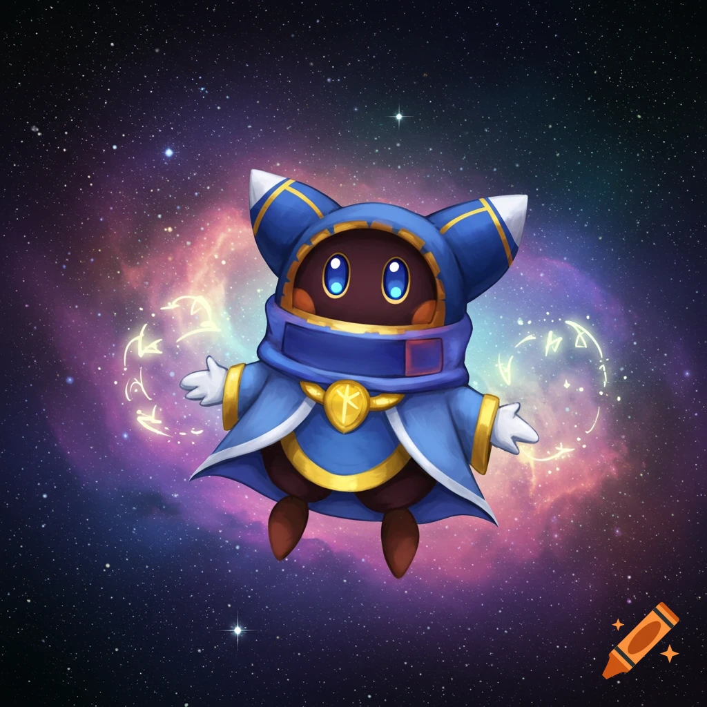 A cute, dark-bodied cartoon character in a blue hooded robe with gold accents floats in space, surrounded by magical symbols.