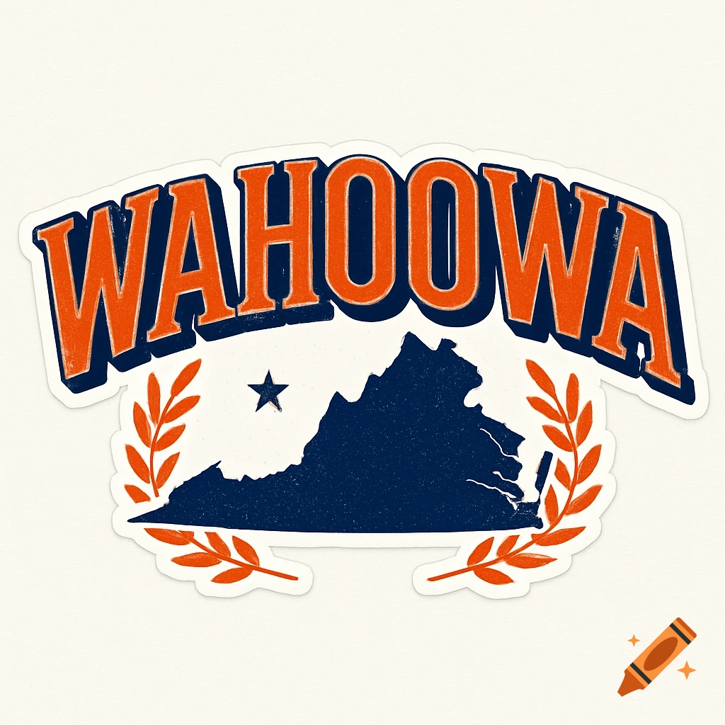 Orange and blue "WAHOOWA" text above a dark blue silhouette map of Virginia with a star and laurel branches, designed as a sticker.