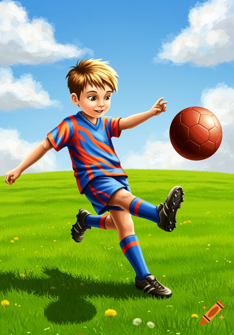 An illustrated cartoon boy in a blue and orange uniform kicks a brown football in a grassy field under a blue sky.
