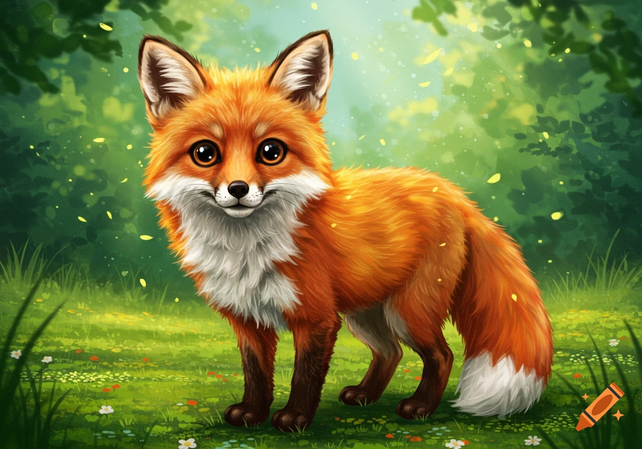 A cute, fluffy orange and white fox with big eyes stands in a vibrant green forest with glowing light particles.