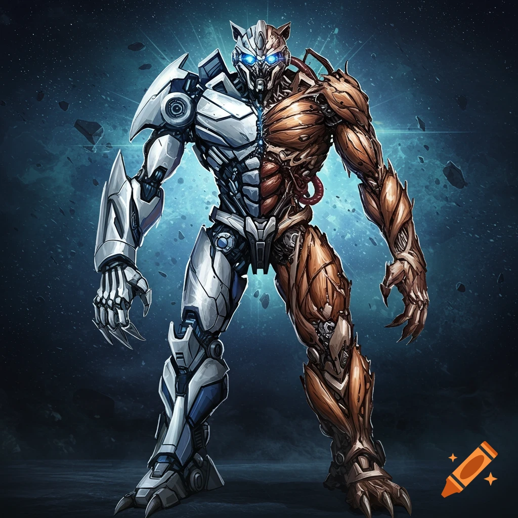 A half-robot, half-organic humanoid creature with glowing blue eyes and sharp claws stands against a cosmic blue background.