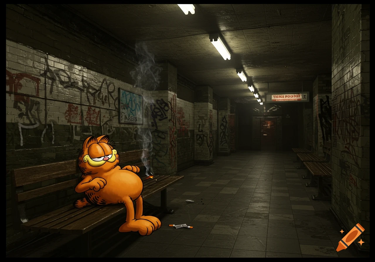 Cartoon Garfield lounges on a wooden bench in a dark, graffiti-covered subway tunnel, smoking a cigarette, with smoke wafting upwards.