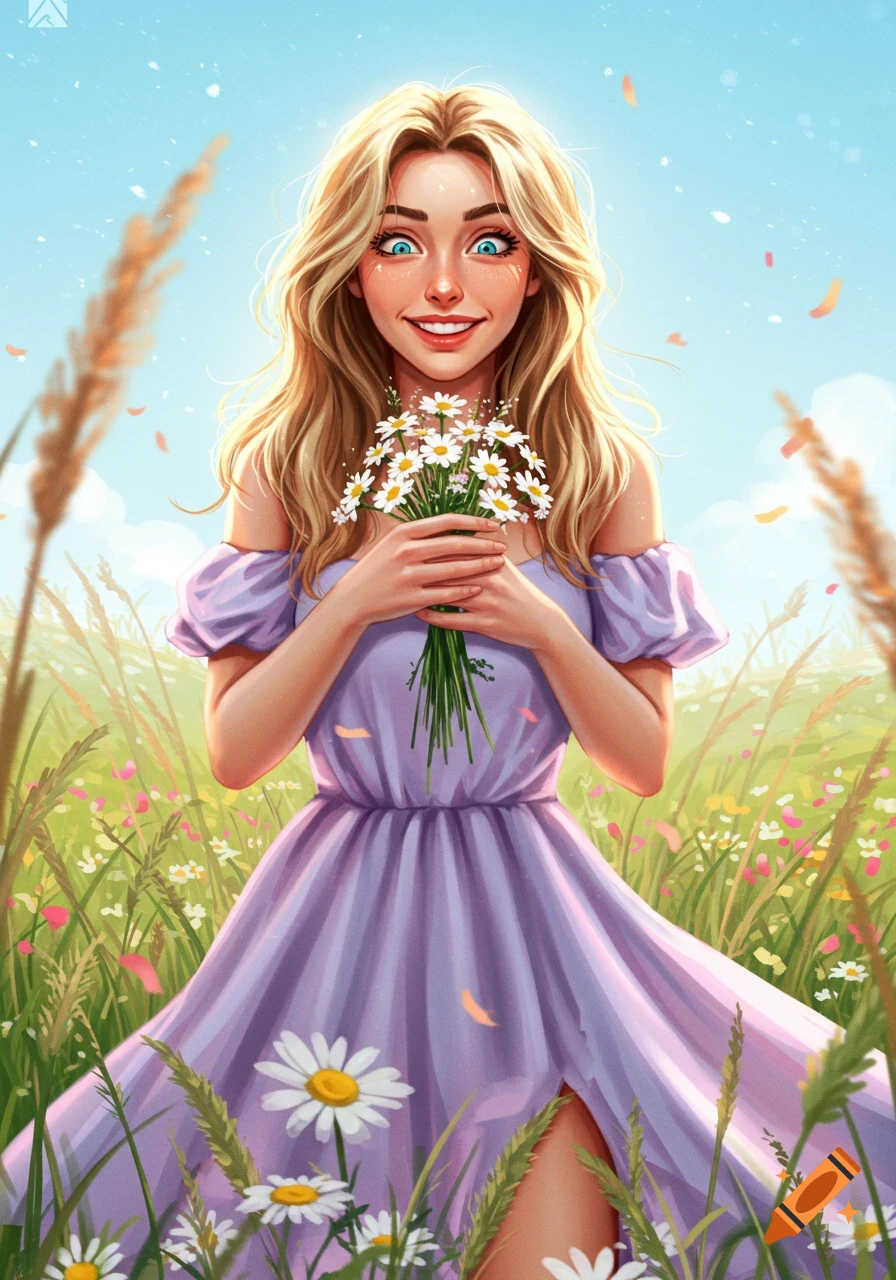 A smiling blonde woman with wide blue eyes, wearing a lavender dress, holds a bouquet of daisies in a sunny wildflower field. Stylized illustration.