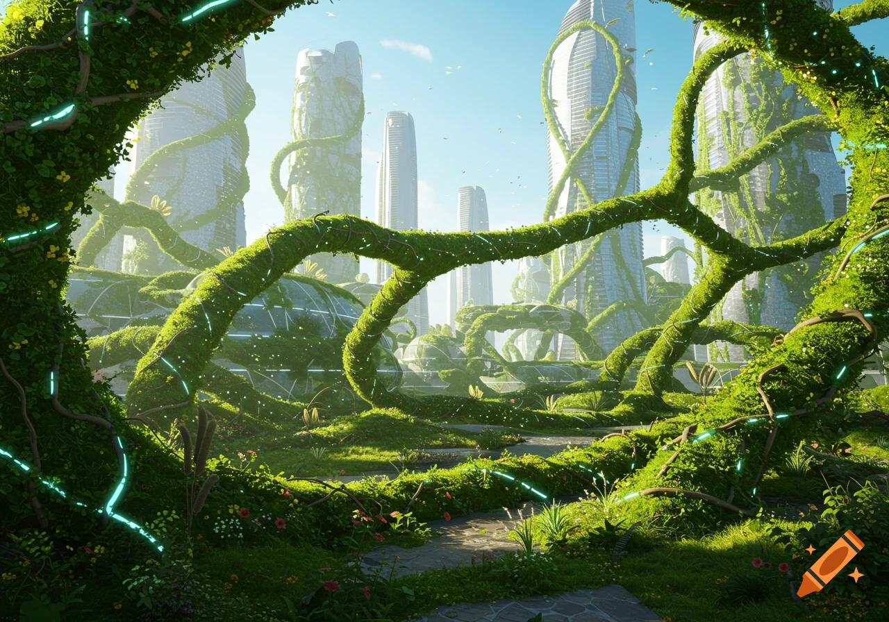 Lush green vines with glowing accents entwine around futuristic skyscrapers in a vibrant, overgrown cityscape.