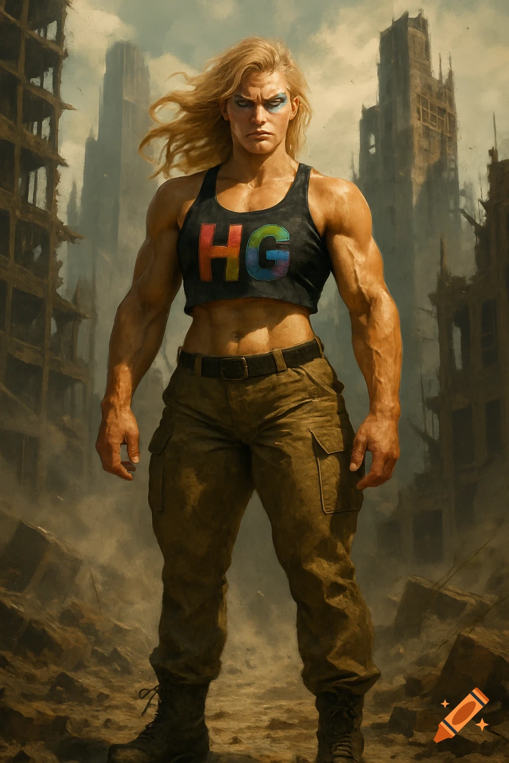A muscular blonde woman in a black crop top with rainbow 'HG' and cargo pants stands in a post-apocalyptic cityscape, a digital painting.