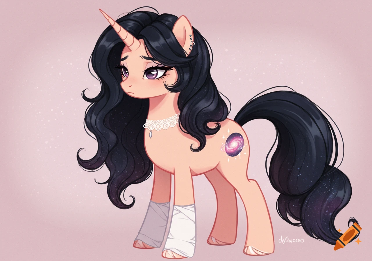 A cartoon unicorn with black wavy hair, peach skin, a lace choker, white leg wraps, and a pink galaxy cutie mark on a pink background.