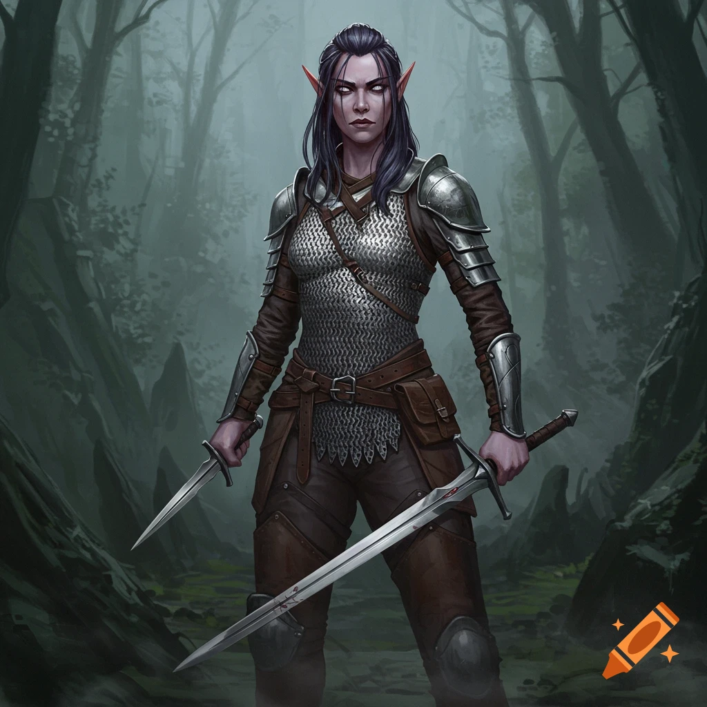 An elf woman with dark hair and pale eyes, wearing chainmail and leather armor, holds a shortsword and dagger in a misty forest.