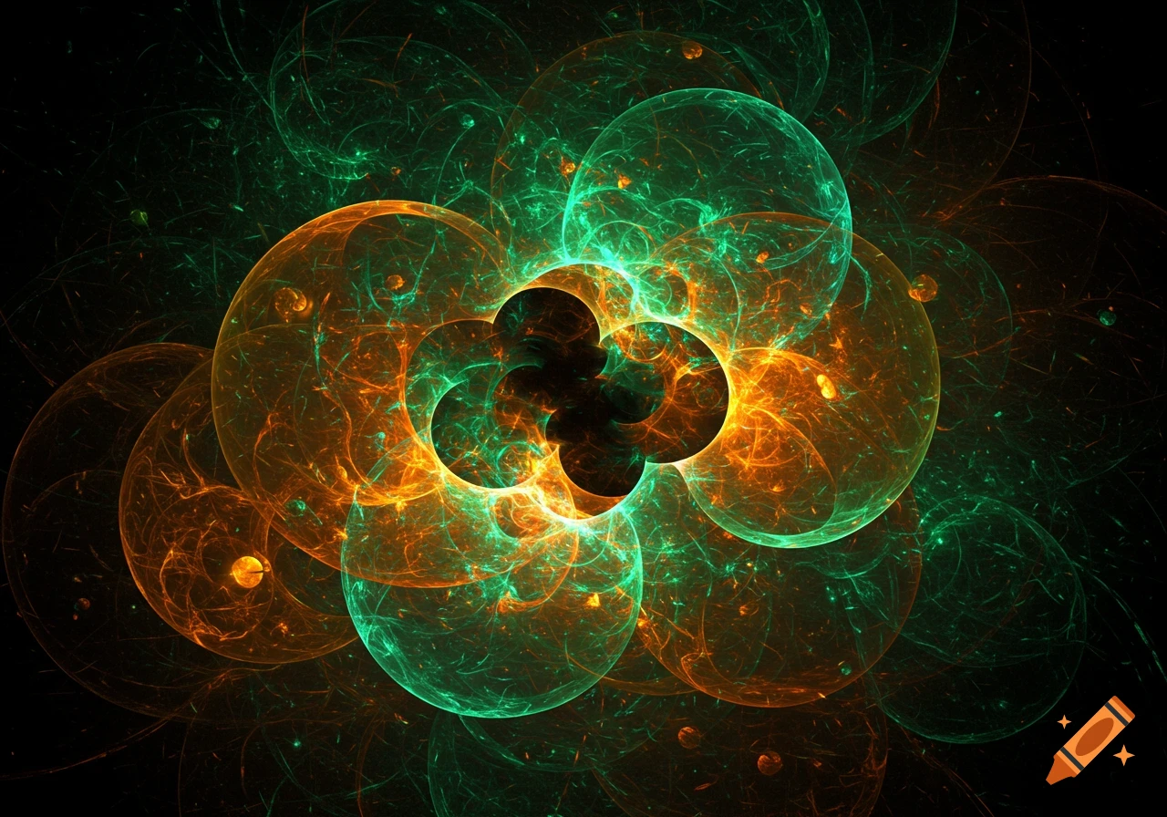 Glowing orange and teal fractal circles intertwine on a dark background, forming an abstract, clover-like pattern.