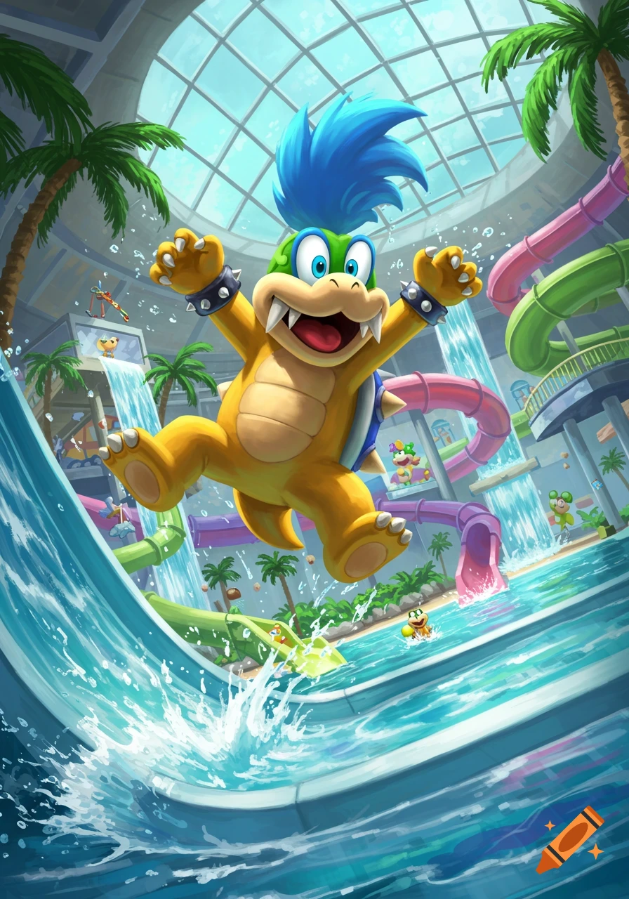 Larry Koopa excitedly jumps into a water slide at a vibrant indoor water park, in a cartoon style.