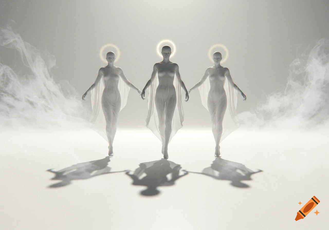 Three ethereal, haloed figures in flowing white robes walk through mist on a bright, empty ground.
