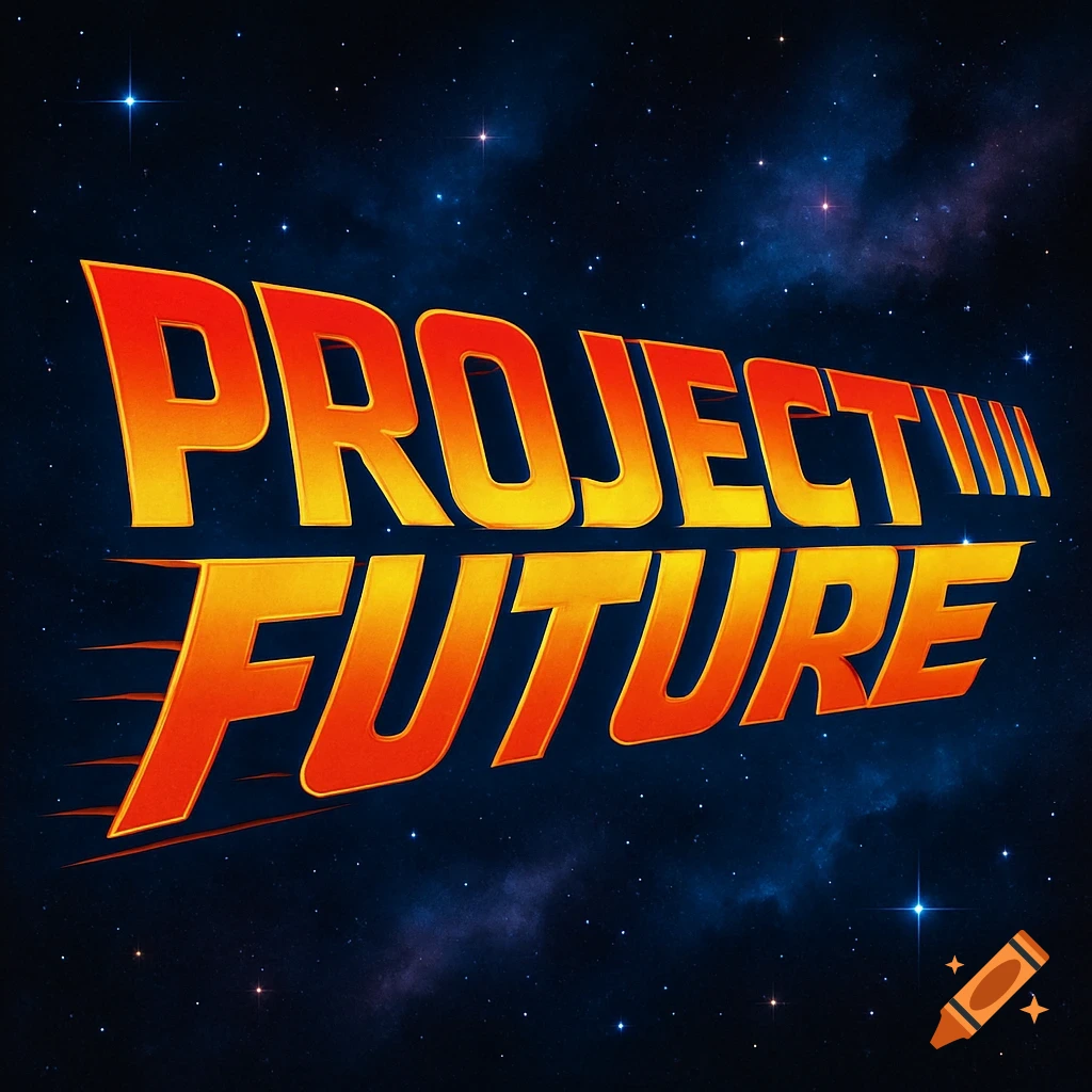 The words 'Project Future' in a red and orange gradient, stylized like the Back to the Future logo, against a dark blue starry space background.