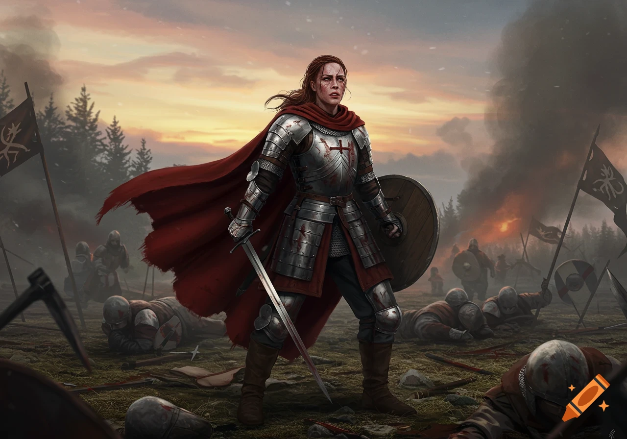 A determined female knight in blood-splattered armor stands amidst fallen soldiers on a smoky medieval battlefield at sunset.