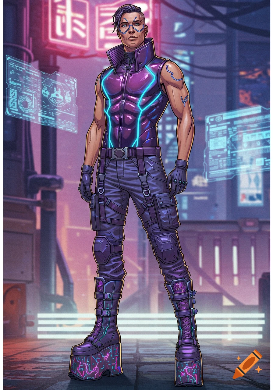 A stylized comic book art illustration of a male character in a glossy purple cyberpunk outfit with neon accents and platform boots, standing in a futuristic city.