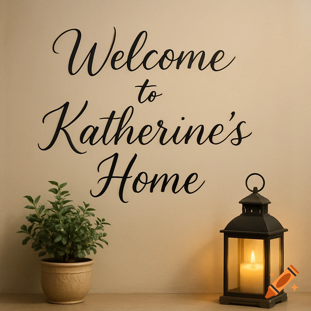 A black script 'Welcome to Katherine's Home' sign on a beige wall, with a potted plant and a lit lantern below. Photorealistic style.