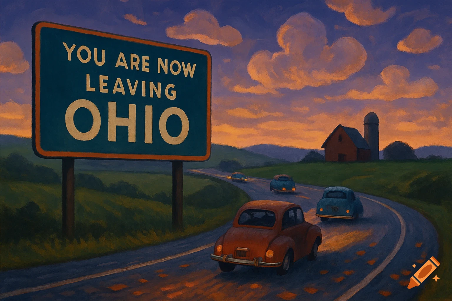 Painted road scene at sunset with cars, a barn, and a 'YOU ARE NOW LEAVING OHIO' sign.