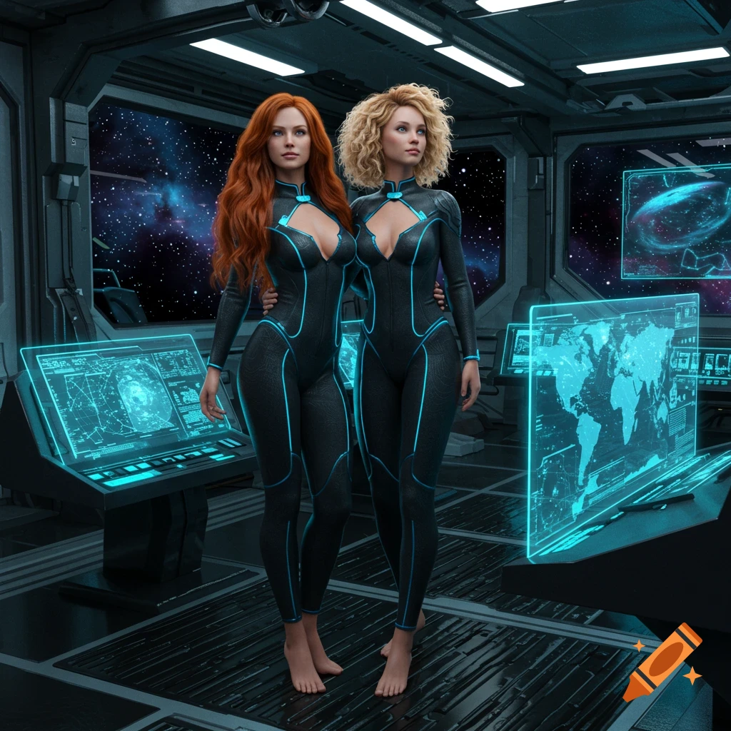 Two women in black catsuits stand barefoot in a futuristic spaceship control room with glowing blue screens.