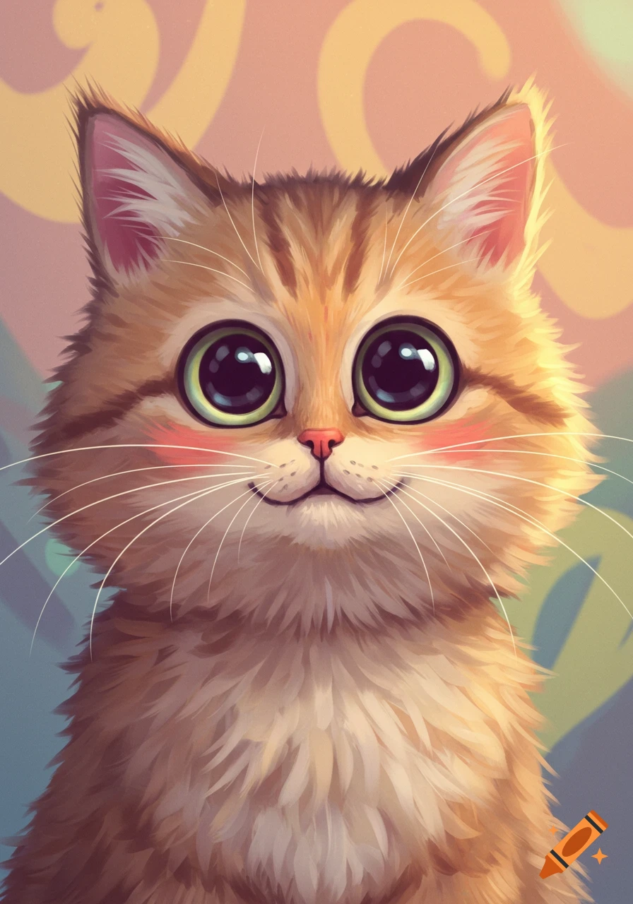 A close-up cartoon portrait of a fluffy orange tabby cat with big green eyes, rosy cheeks, and a gentle smile.