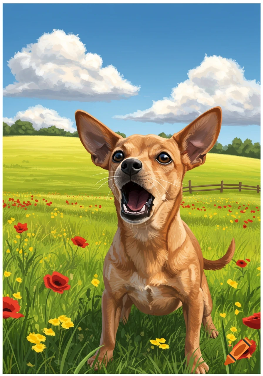 A small brown dog with large ears barks in a sunny field filled with red poppies and yellow flowers under a blue sky, digital painting.