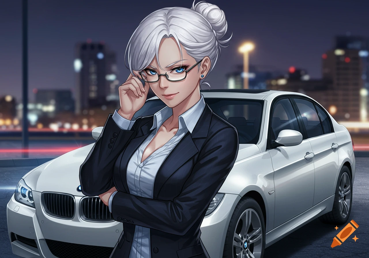 Anime woman with white hair, glasses, and a smug expression in a business suit, standing in front of a white BMW at night.