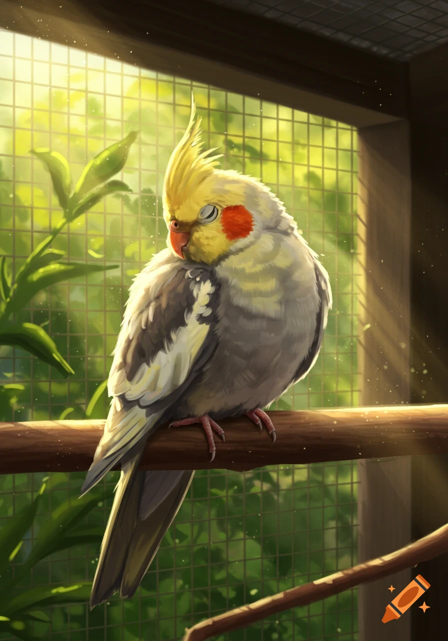 A sleeping cockatiel with fluffed feathers perches on a branch in a sunlit cage, rendered in digital art.