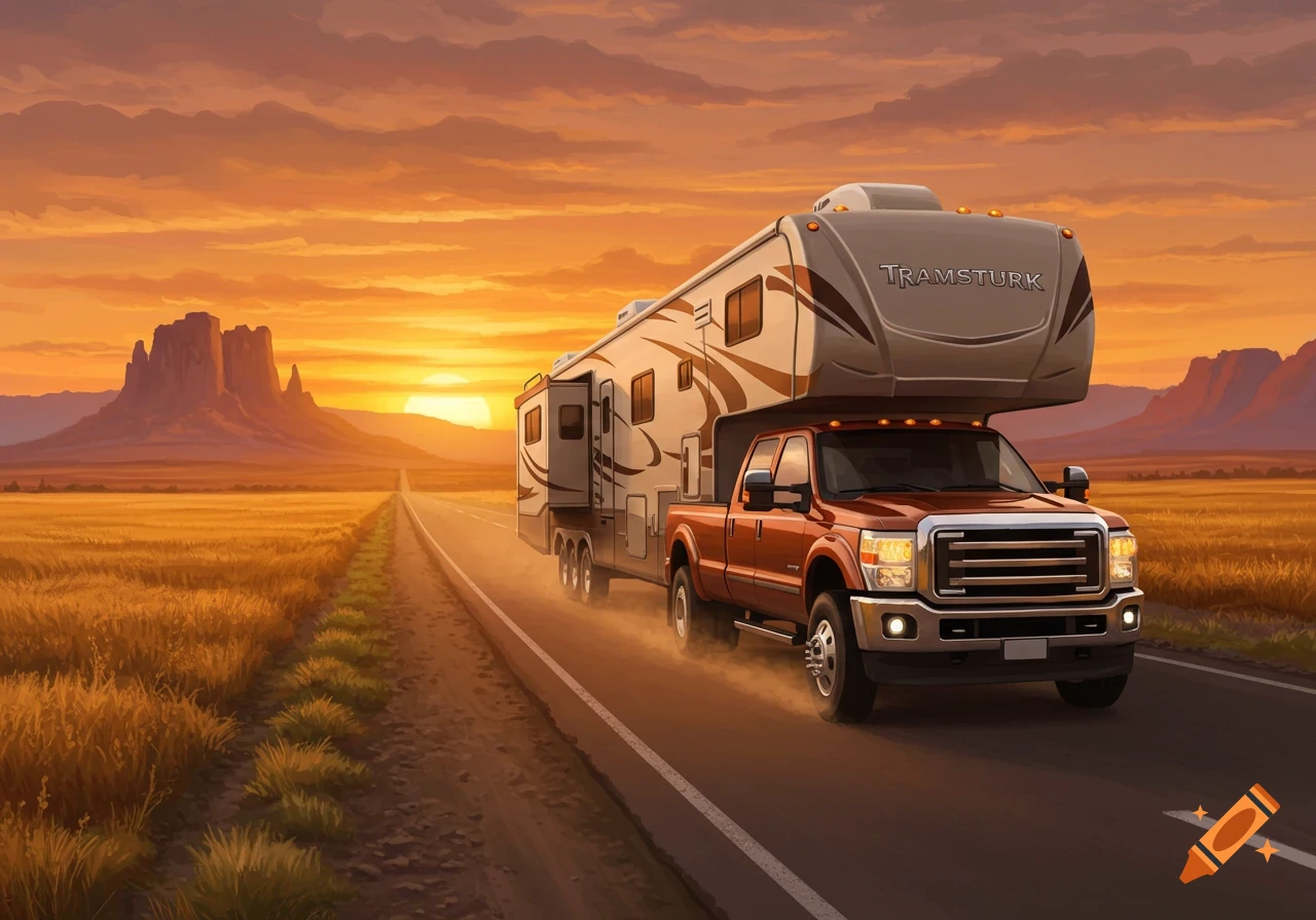 A red pickup truck tows a fifth-wheel camper on a desert road at sunset with mountains in the background, in an illustrated style.