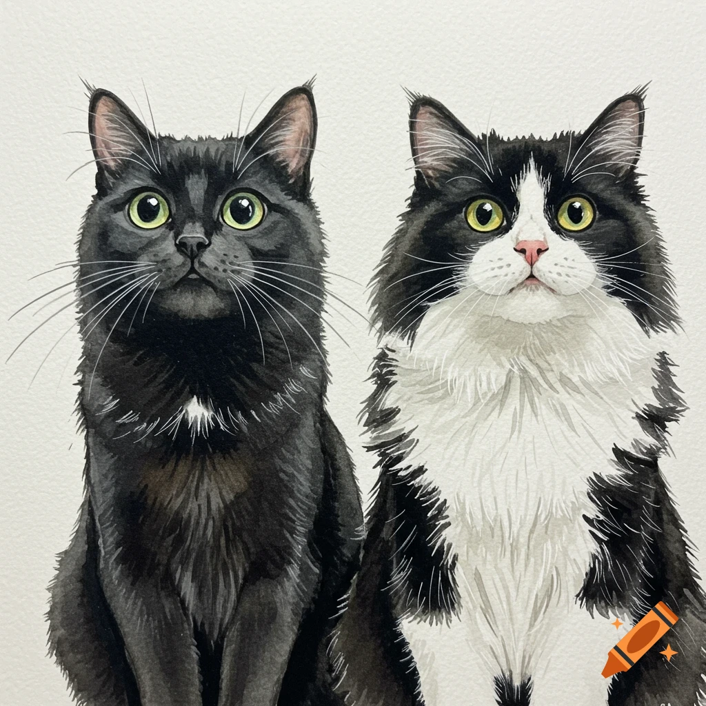 Watercolor painting of a black shorthair cat and a black and white longhair tuxedo cat, side by side, looking amazed.