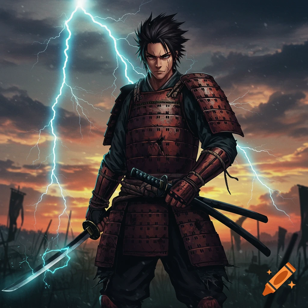 Anime style young samurai in damaged armor, holding a glowing katana, stands in a battlefield under a lightning storm at sunset.